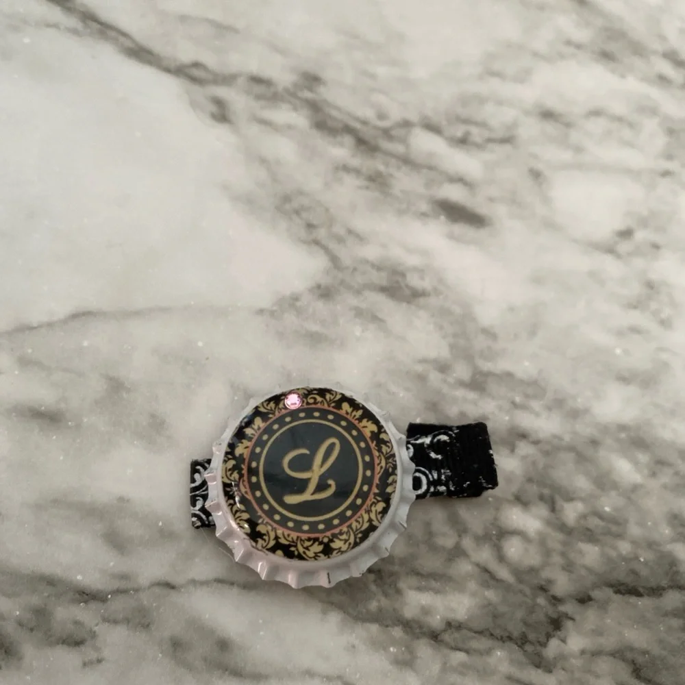 Handmade Vintage Girls Bottle Cap Hair Clip “L” Gold, Black & Pink